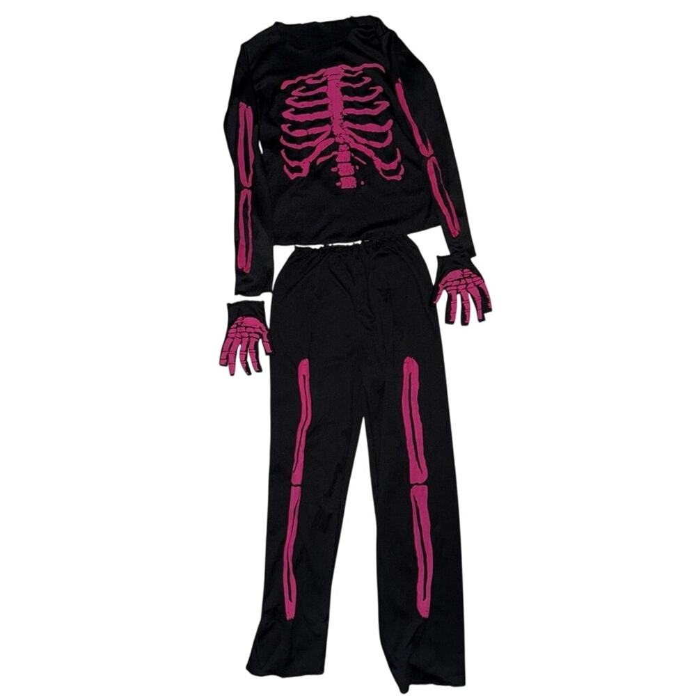 Girl's size 7/8 Black / Rose Pink SKELETON COSTUME Halloween outfit with gloves